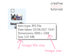 Hovering over an image to check the image file size.