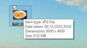 Hovering over an image to check the image file size