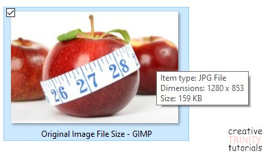 Image file size before resizing and compressing in GIMP.