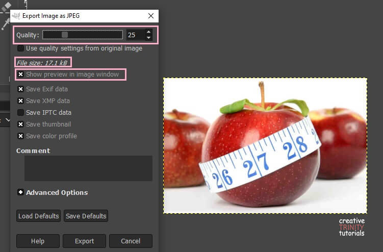 Popup menu to compress images in GIMP.