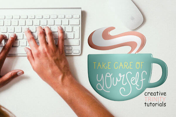 Sign that says take care of yourself while someone is blogging on the background